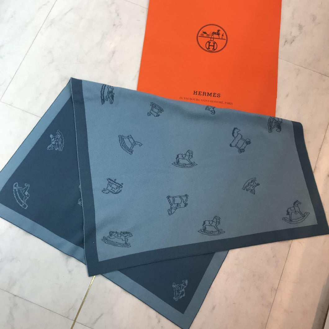 HERMES Paris Wooden Horse Baby Blanket Throw Cashmere 100% Light Blue 104x65.5cm