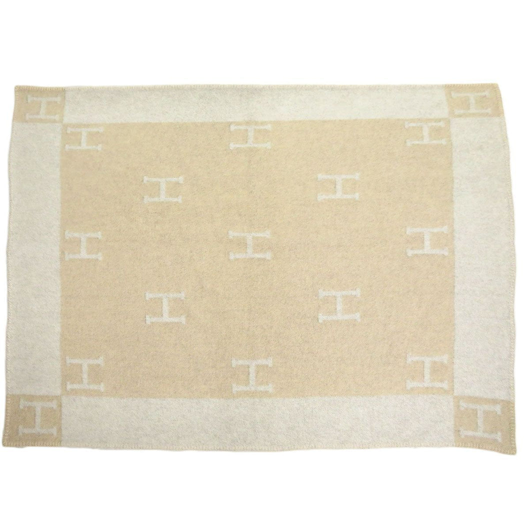 HERMES Paris Plaid Avalon Blanket Throw Wool Cashmere Blend Beige 134.5 x 166cm