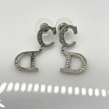 Load image into Gallery viewer, Christian Dior CD Logo Rhinestone Motif Silver Tone Drop Dangle Pierced Earrings
