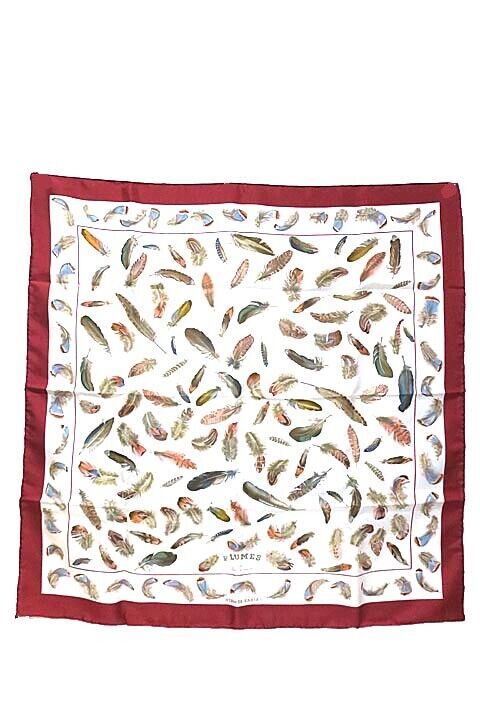 Hermes Paris Carre 90 Silk 100% Scarf Stole Feather Plumes Wine Red Accessory