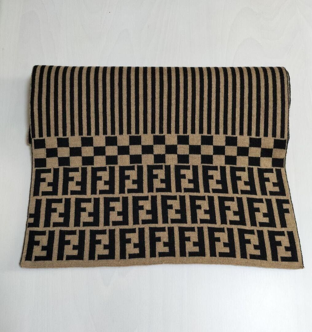 Fendi Auth. Zucca Logo Striped Stole Muffler 100% Wool 40x170cm Black Beige