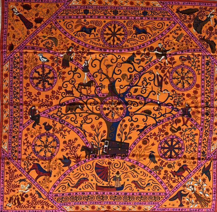 HERMES Carre 140 Cashmere Silk Stole Shawl Peuple Du Vent Orange Multicolor