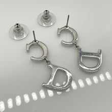 Load image into Gallery viewer, Christian Dior CD Logo Rhinestone Motif Silver Tone Drop Dangle Pierced Earrings
