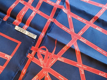 Load image into Gallery viewer, Hermes Paris Carre 40 Silk 100% Scarf Handkerchief Bolduc Ribbon Navy Red
