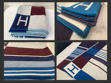 Load image into Gallery viewer, HERMES Paris Avalon Vibration Blanket Throw Wool Cashmere Ecru Indigo 140x175cm

