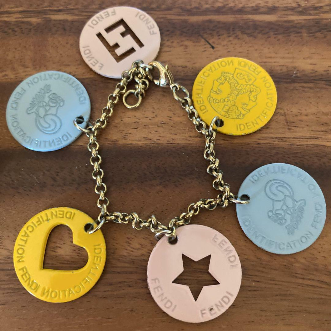 FENDI Coin Motifs Chain Bangle FF Logo Heart Star Gold Blue BRACELET Italy w/Box