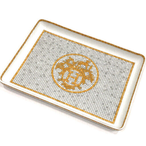HERMES Paris Mosaique au 24 Gold Sushi Plate Trinket Tray Tableware Pottery