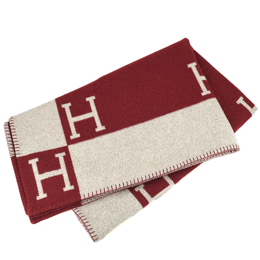 HERMES Paris Avalon Blanket Throw H Pattern Bordeaux Wool & Cashmere 134×164cm