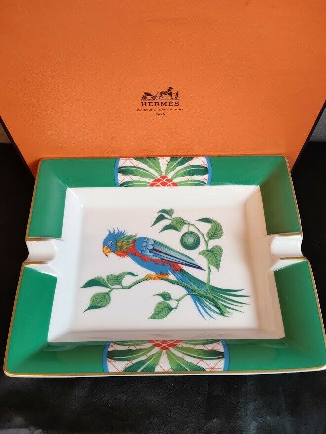 HERMES Cockatoo Cigar Ashtray Rectangle Oriental bird Made in France In Box