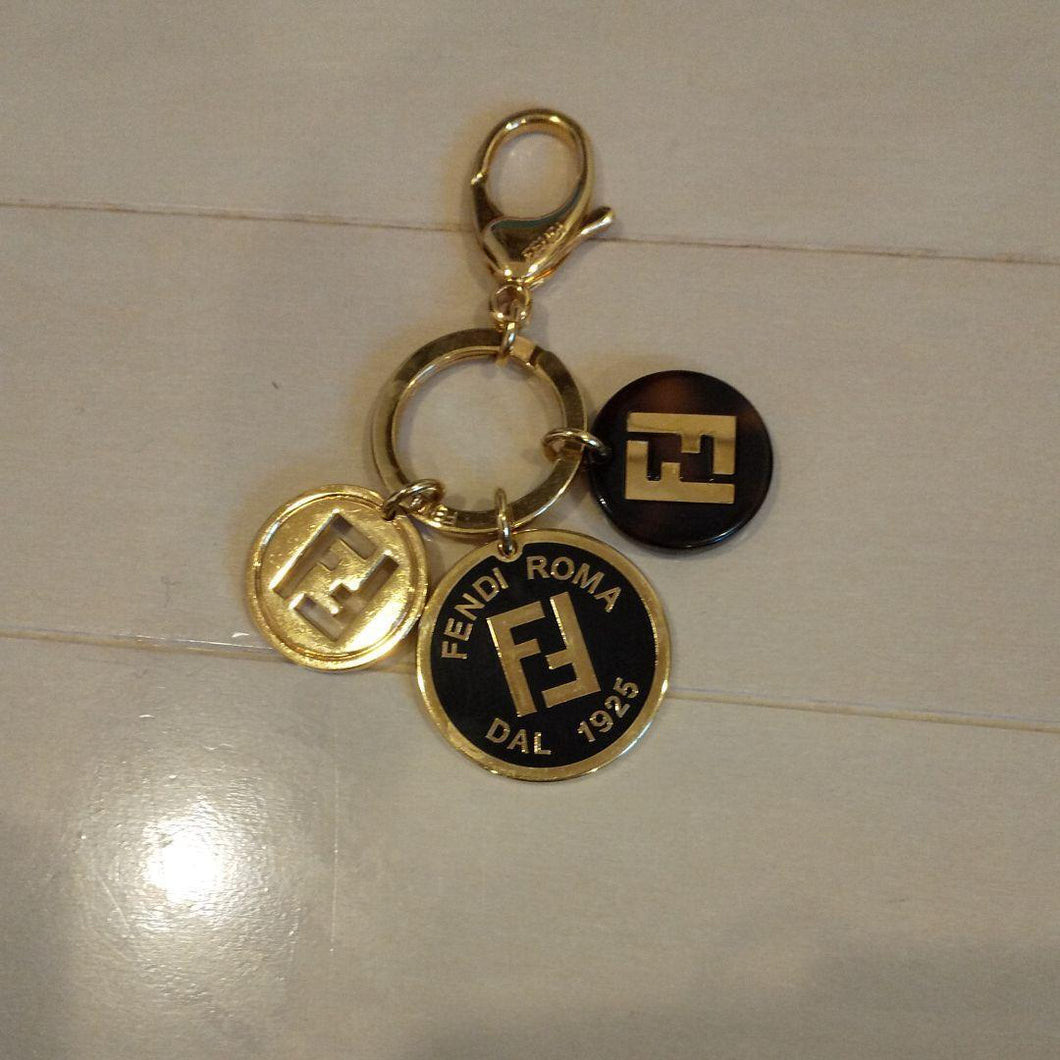Fendi FF 3 Coin Motifs Keyring Bag Charm Key Holder Key Chain Gold Plated w/Box