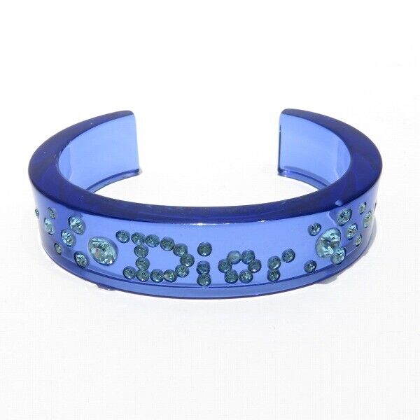 Christian Dior Vintage Logo Rhinestone Clear Blue Plastic Charm Bangle Bracelet