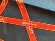 Load image into Gallery viewer, Hermes Paris Carre 40 Silk 100% Scarf Handkerchief Bolduc Ribbon Navy Red
