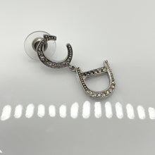Load image into Gallery viewer, Christian Dior CD Logo Rhinestone Motif Silver Tone Drop Dangle Pierced Earrings
