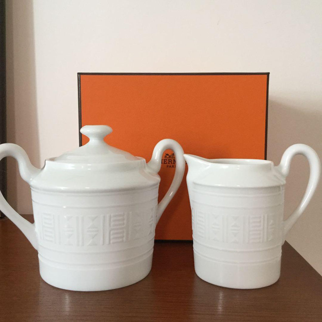 Hermes Paris Egée Series Sugar Pot & Creamer White Porcelain Tableware No Box