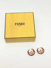 Load image into Gallery viewer, Fendi F Is Logo Pink Rhinestone Hoop Earrings Pierce Gold Plated GP Jewelry Box
