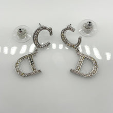 Load image into Gallery viewer, Christian Dior CD Logo Rhinestone Motif Silver Tone Drop Dangle Pierced Earrings
