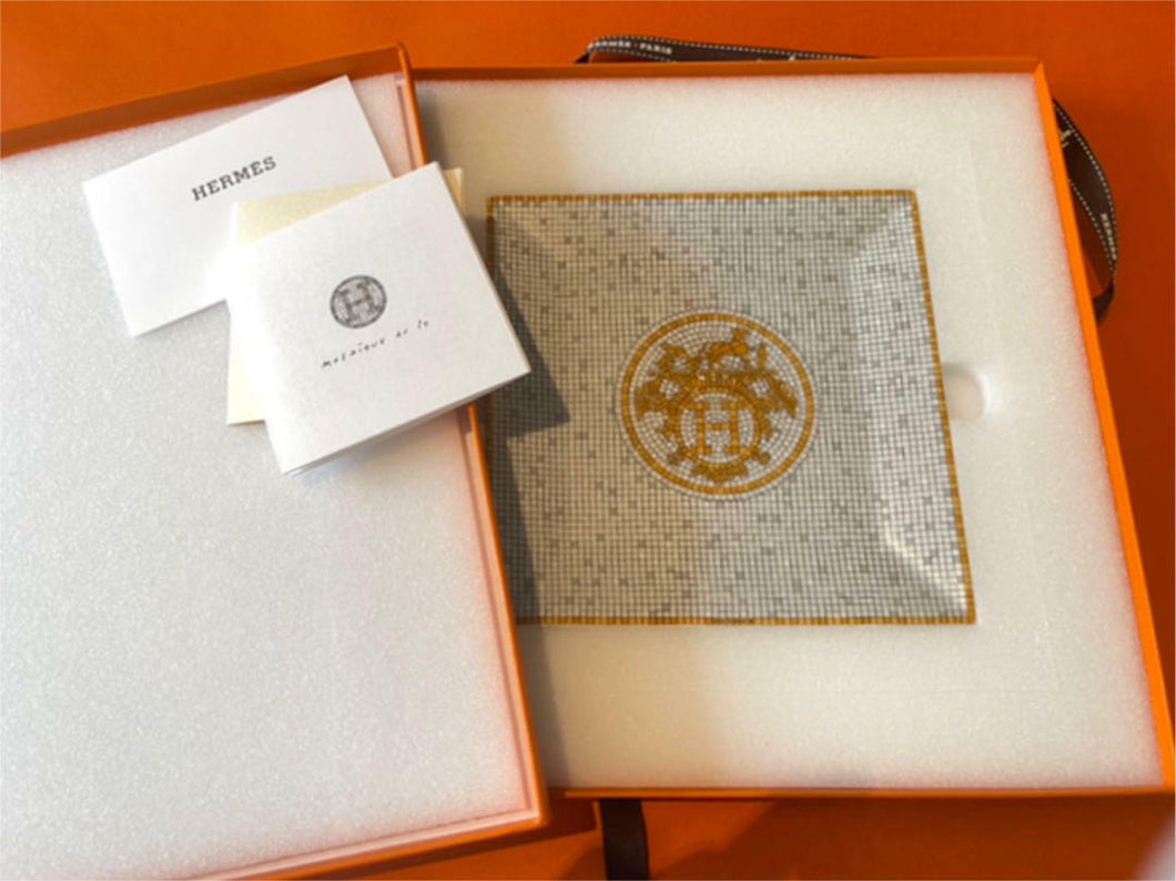 HERMES Paris Mosaique au 24 Gold Square Plate Trinket Tray Tableware Pottery