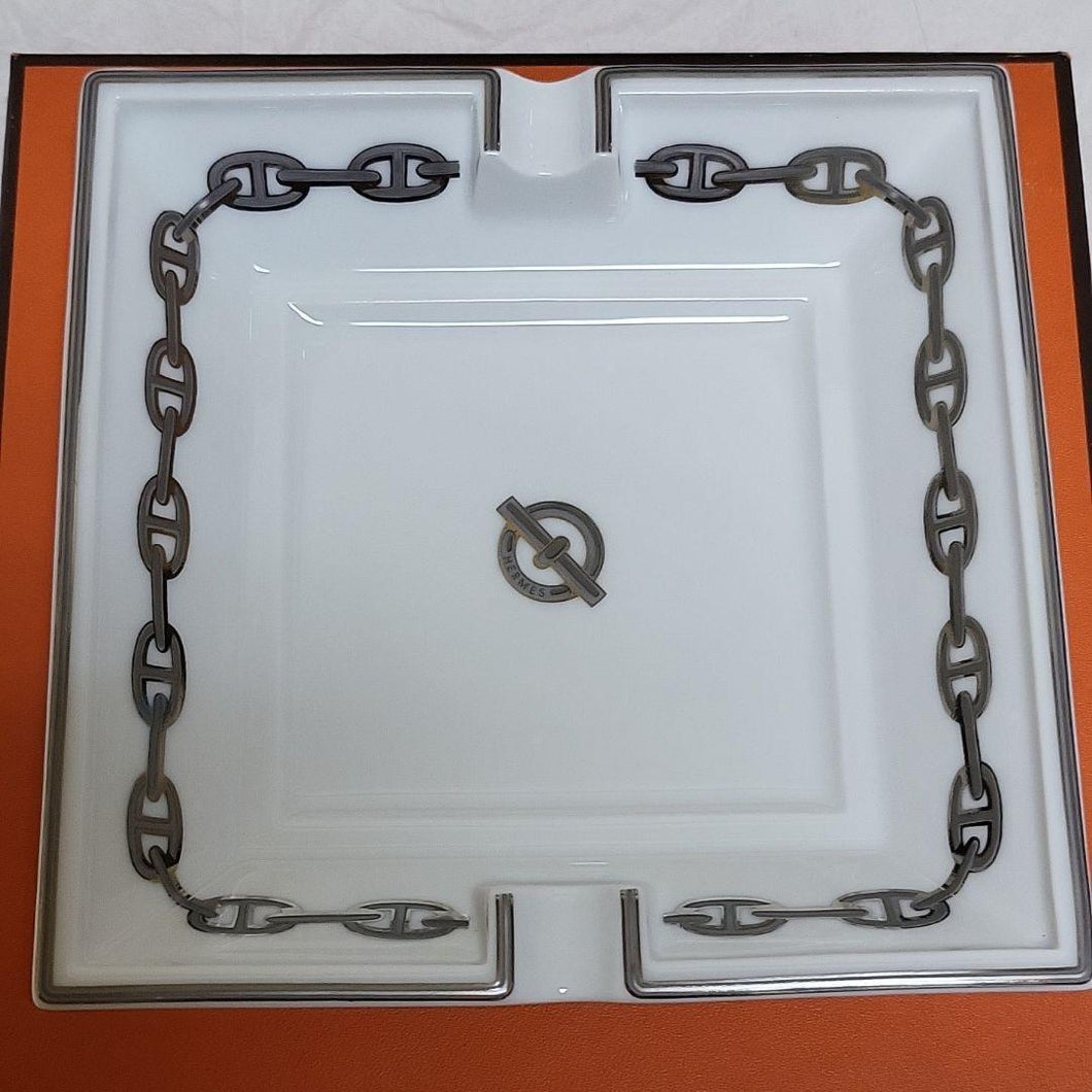 HERMES Ashtray Accessory Case Chaine d'Ancre Porcelain Platinum 15.8cm w/Box