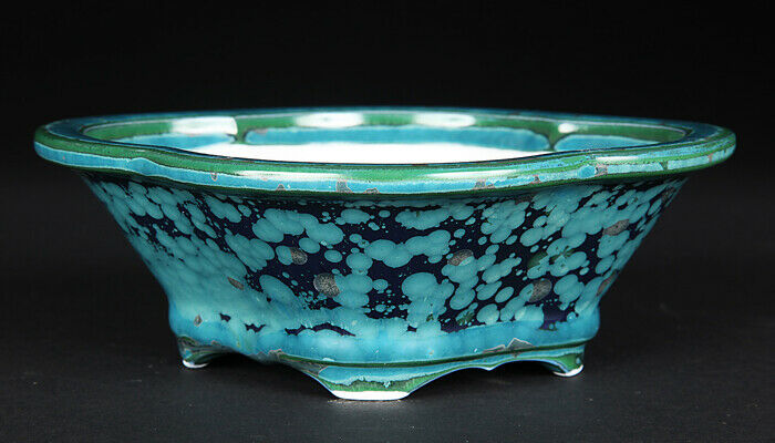 Japanese Shimizu Ware Bonsai Pot By Heian Senzan Green Crystal W15.5 x H5.5cm
