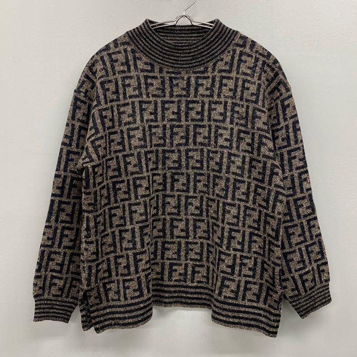 Fendi Auth. Zucca Logo Pattern High Neck Sweater Wool Knit Size S Brown Black