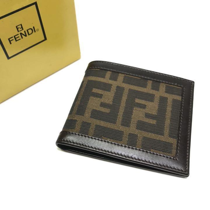 FENDI FF Zucca Logo Folding Mini Wallet Brown Canvas Leather Card Pockets w/Box