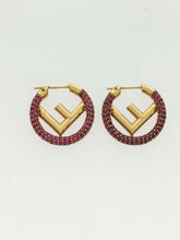 Load image into Gallery viewer, Fendi F Is Logo Pink Rhinestone Hoop Earrings Pierce Gold Plated GP Jewelry Box
