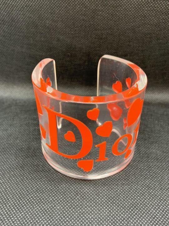 Christian Dior Vintage Logo Heart Clear Plastic Red Bangle Bracelet Accessory