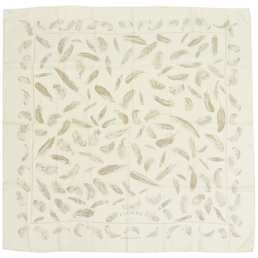 Hermes Paris Carre 90 Silk 100% Scarf Stole Feather Plumes Cream Color Accessory