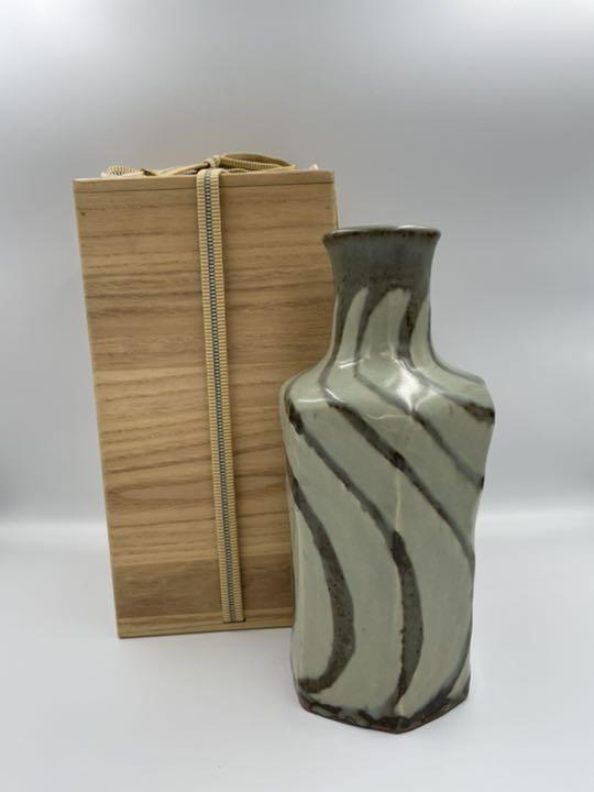 Japanese Pottery Ryuta Shimaoka Inlaid Hexagonal Tsubo Jar Flower Vase w/Box