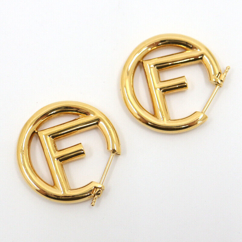 Fendi Auth. F Is Logo Round Hoop Earrings Pierce Gold Plated Accessory 8AG745B08