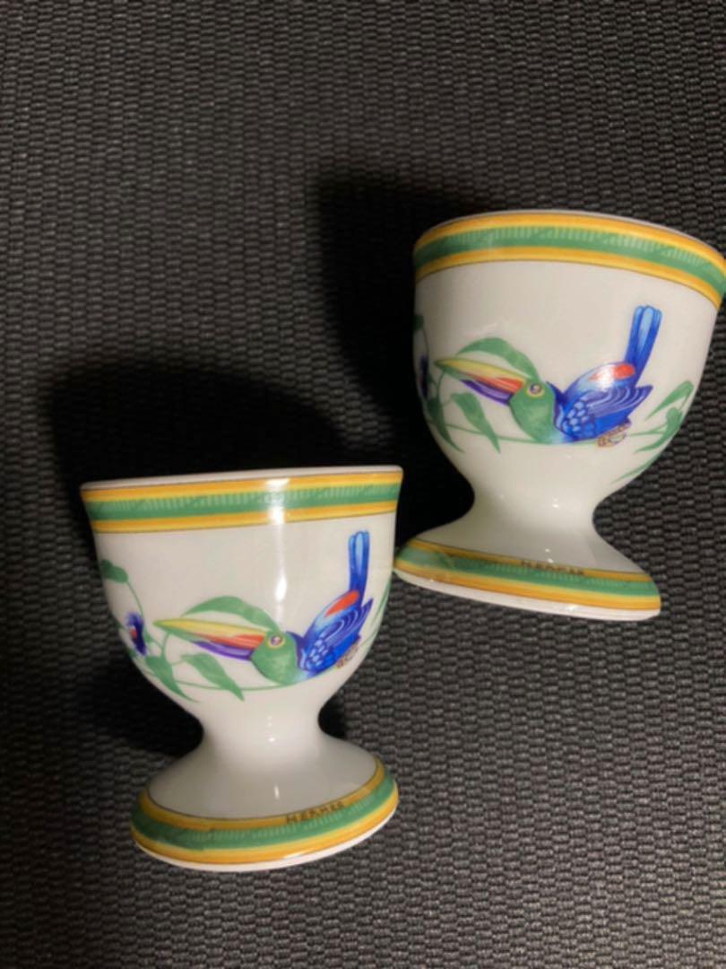 HERMES Paris Toucan Series Egg Stand 2 Pieces Porcelain Tableware White Interior