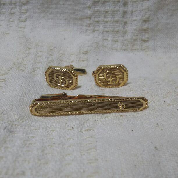 Christian Dior CD Logo Tiepin & Cufflinks Set Gold Plated GP Men's Accessory