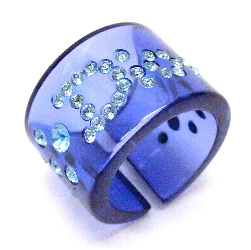 CHRISTIAN DIOR Logo Rhinestone Clear Blue Acrylic Finger Ring Size 9 Accessory