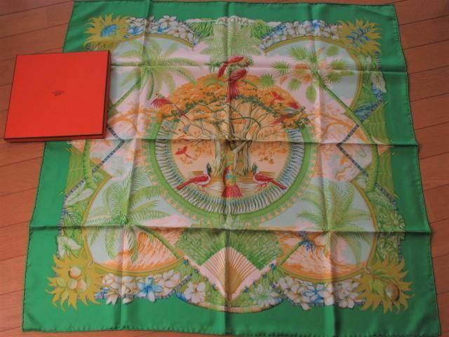 Hermes Paris Carre 90 Silk 100% Scarf Stole ALOHA Hawaiian Green Accessory w/Box