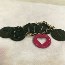 Load image into Gallery viewer, Fendi Authentic Black Metal Charm Logo Chain Bracelet Pink Heart Motif Accessory
