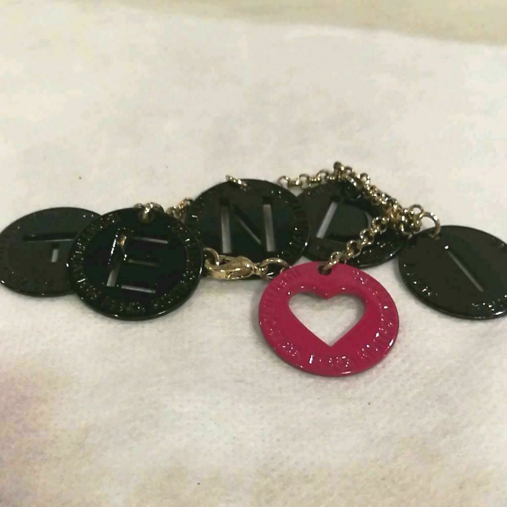 Fendi Authentic Black Metal Charm Logo Chain Bracelet Pink Heart Motif Accessory