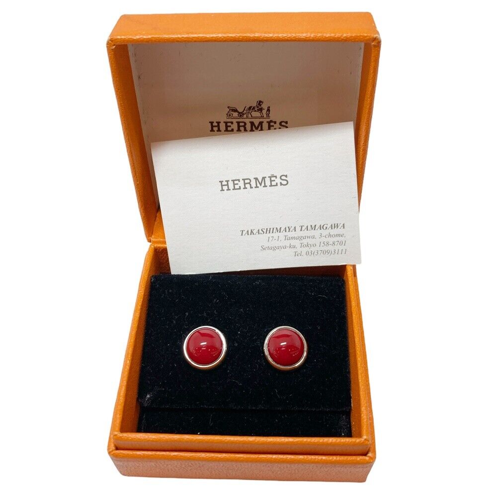 HERMES Paris Eclipse Round Red Enamel Pierce Earrings Silver Plated Jewelry Box