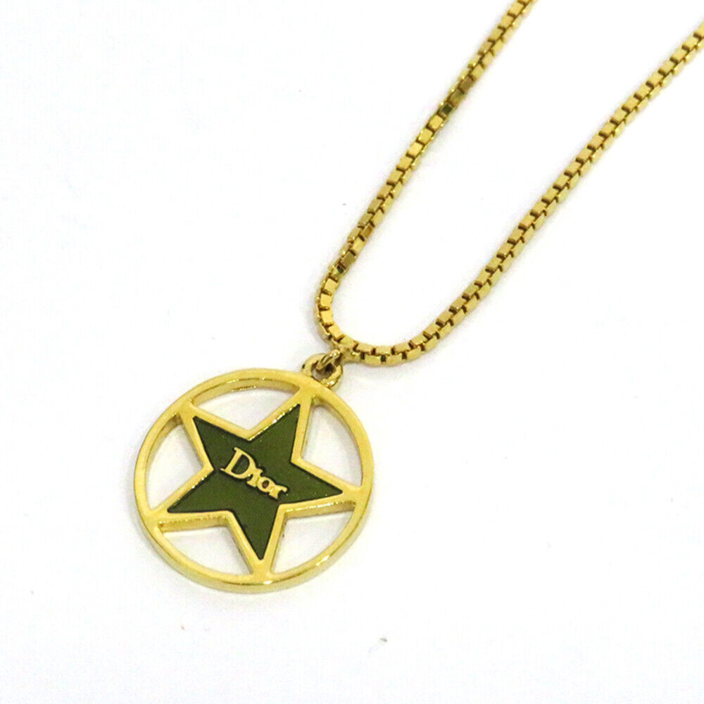 Christian Dior Circle Green Star Logo Chain Necklace Pendant Gold Plated 43Ovecm