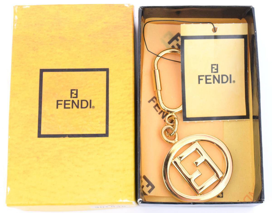 Fendi Circle FF Zucca Key Holder Keyring Key Chain Bag Charm Gold Plated w/Box