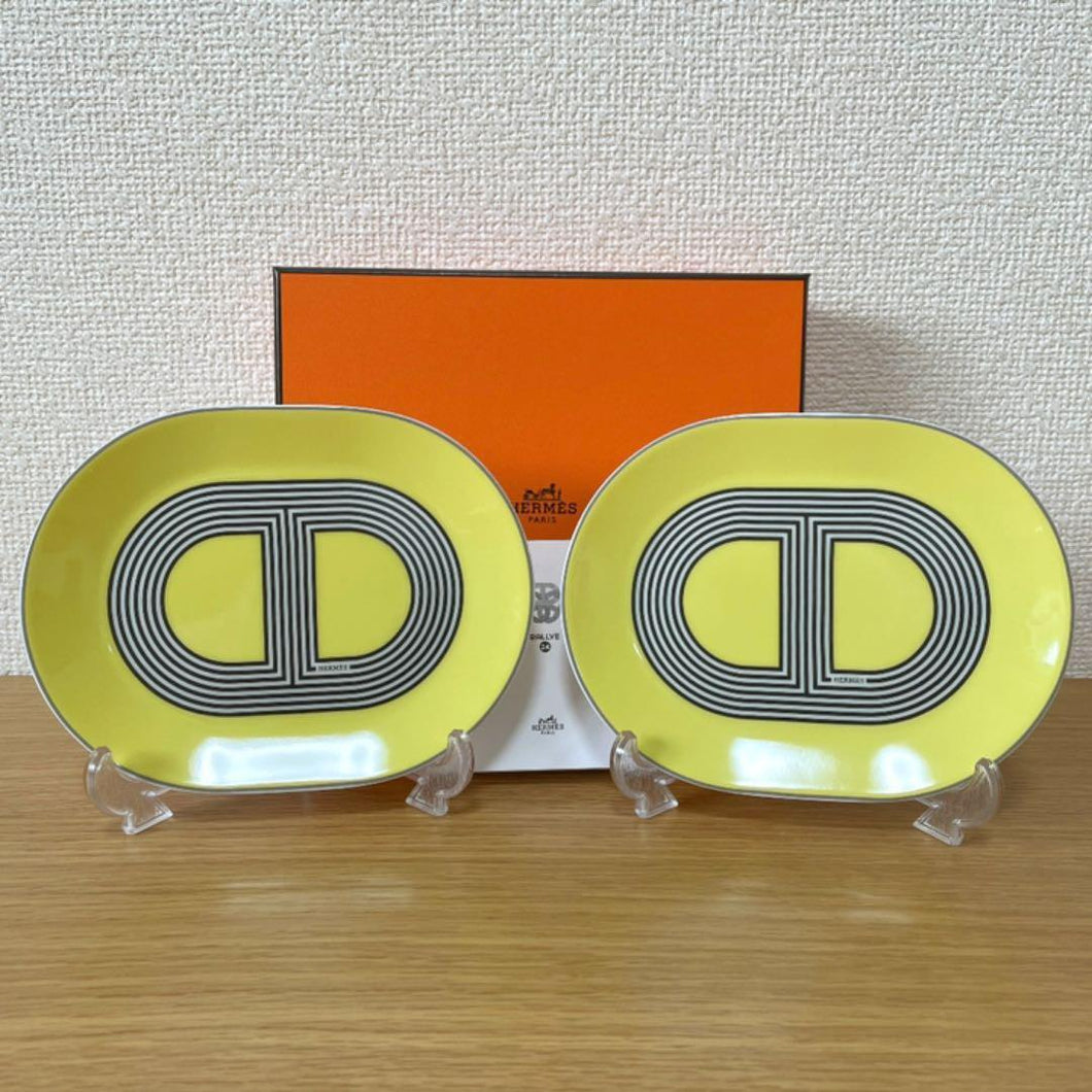 Hermes Paris Rallye 24 Oval Mini Plate 2 Pieces Yellow 15x12cm Porcelain w/Box