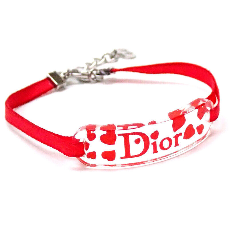 Christian Dior Logo Heart Plate Strap Bracelet Bangle Clear Plastic Red Women