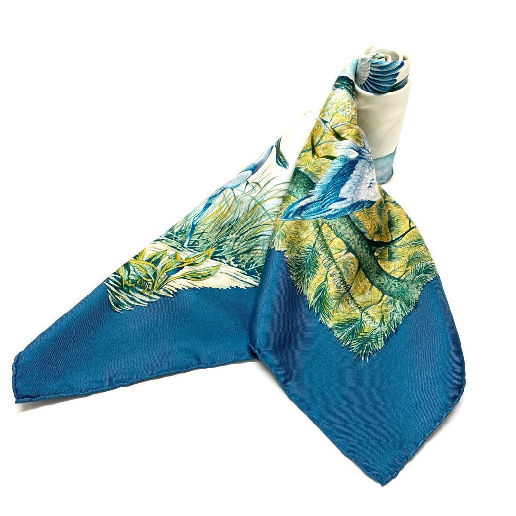 Hermes Paris Carre 90 Silk 100% Scarf Stole HALTE EN CAMARGUE Blue Gray w/Box