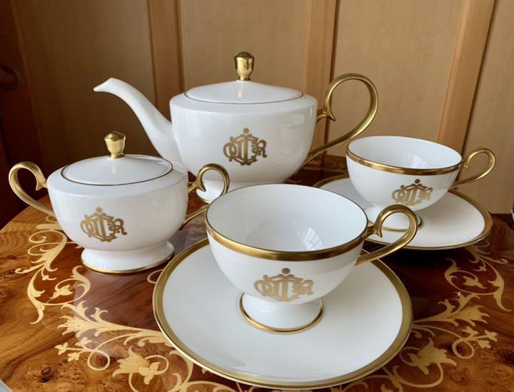 Christian Dior Vintage Logo White Pair Cup & Saucer Teapot Sugar Pot Set Pottery