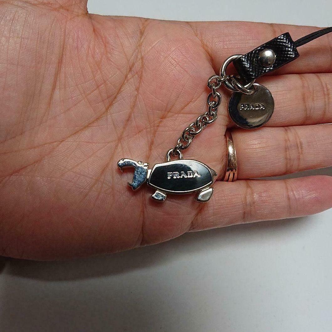 PRADA TELEPHONE STRAP BAG CHARM KEYRING HIPPOPOTAMUS Silver Black CHARM LOGO