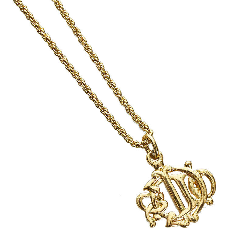 Christian Dior Old Logo Emblem Chain Necklace Pendant Gold Plate Jewelry Vintage