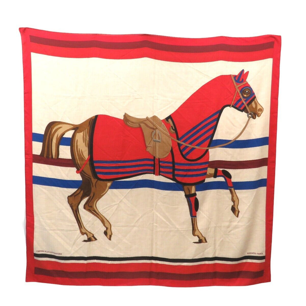 HERMES Paris Carre140 Stole Shawl Cheval a La Couverture Cashmere Silk Beige Red