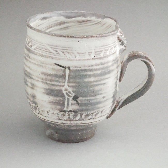 Japanese Kohiki Pottery Crane & Turtle Mug Cup Kyo Kiyomizu Yaki Ware 300ml