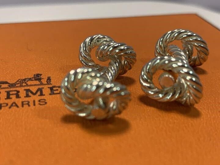 Hermes Paris Rope Twist Motif Cuffs Cufflinks Silver Tone Men's Accessory No Box