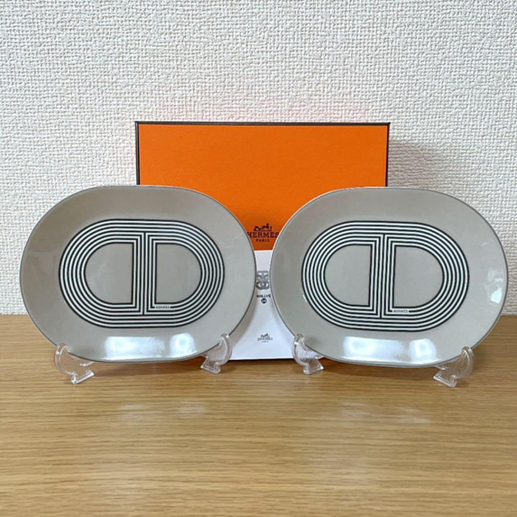 Hermes Paris Rallye 24 Oval Mini Plate 2 Pieces Gray15x12cm Porcelain w/Box